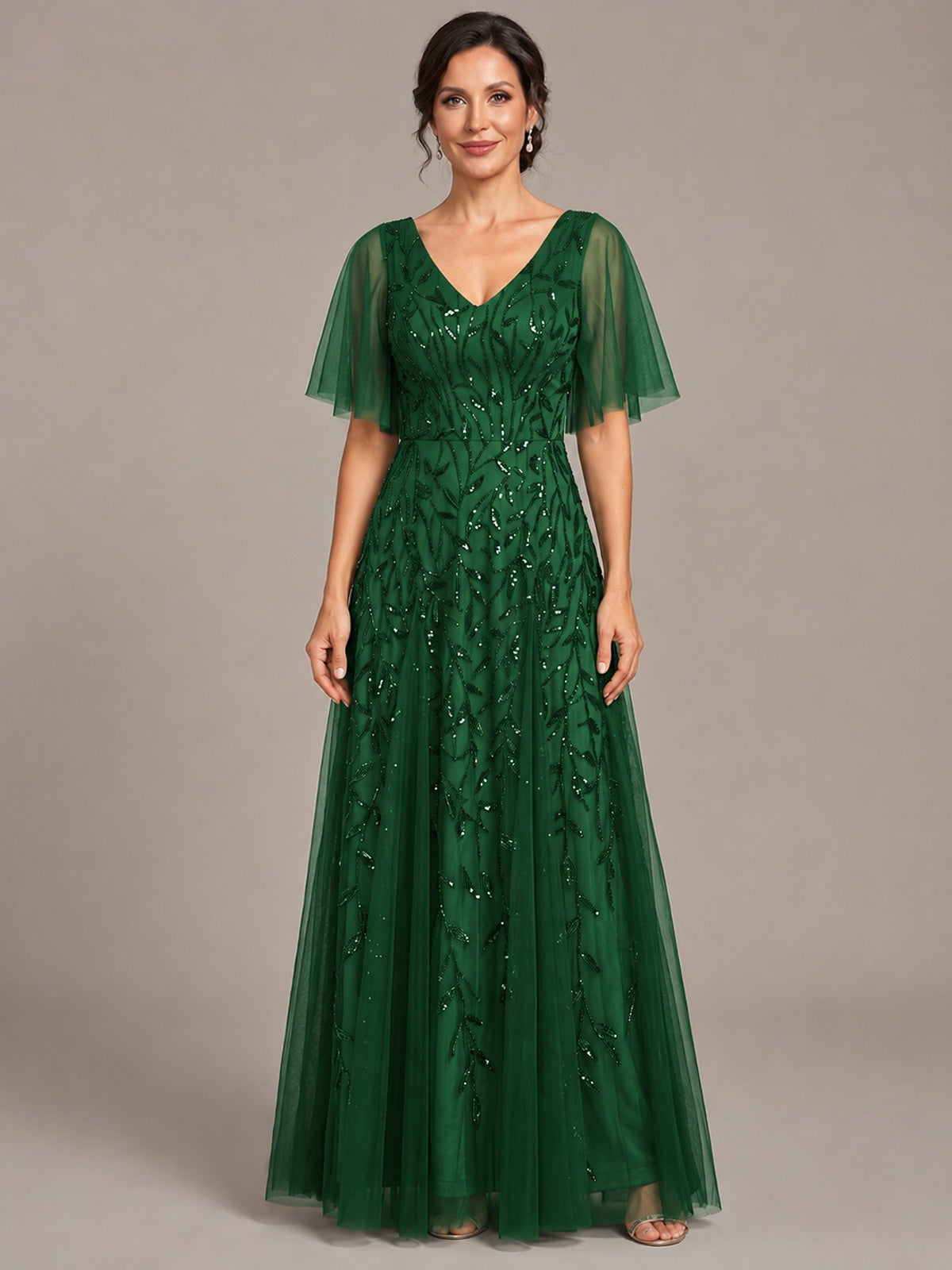 Emerald Green V-Neck Sequin Tulle Mother of the Bride Dress with Flutter Sleeve A-line Evening Formal Wedding Guest Dress
