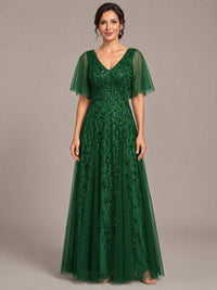 Emerald Green V-Neck Sequin Tulle Mother of the Bride Dress with Flutter Sleeve A-line Evening Formal Wedding Guest Dress