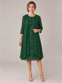 Emerald Green-2 Piece Lace Appliques Chiffon Mother of The Bride Dress with Sequin