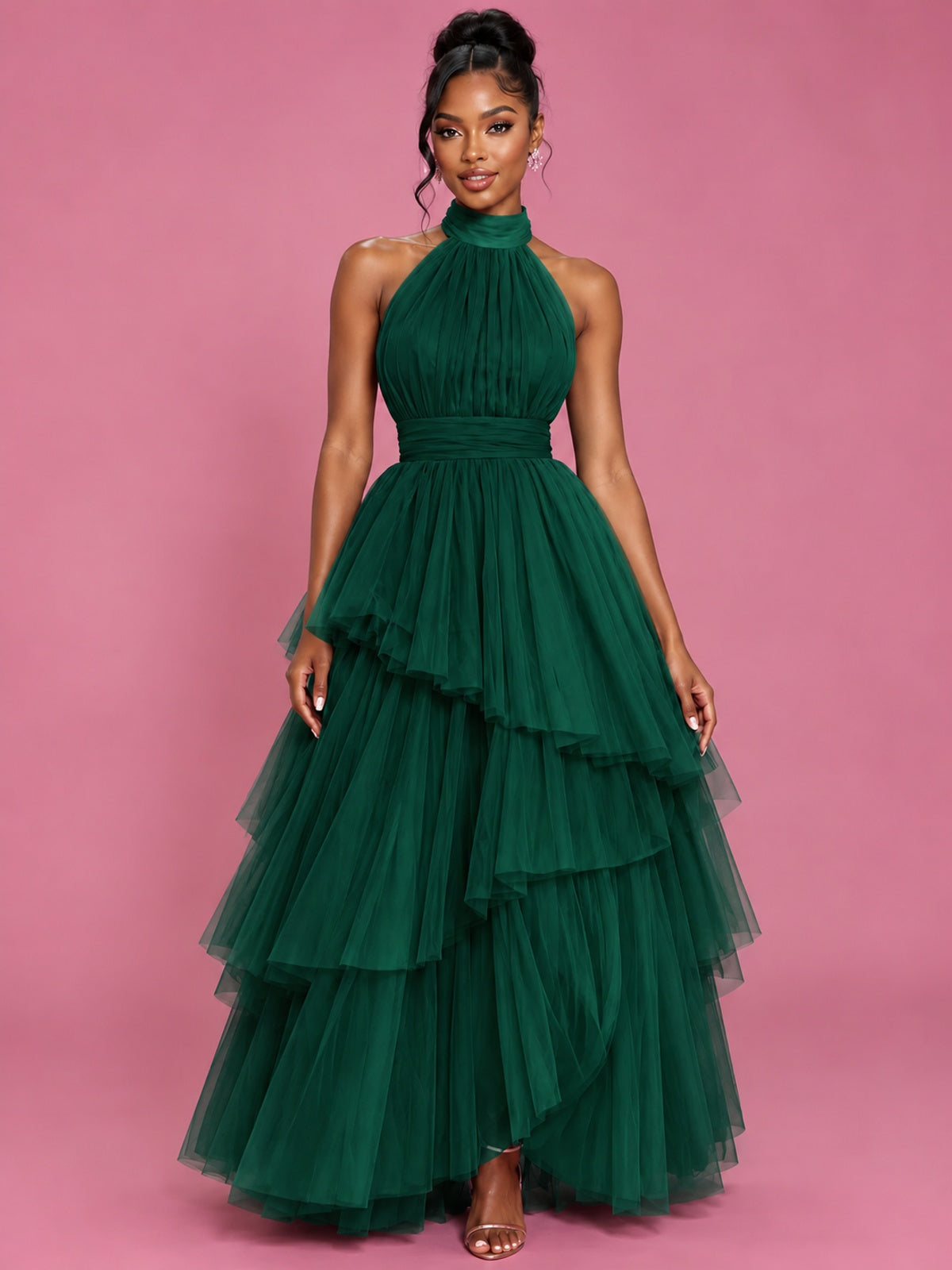 Hot Pink Tulle Halter Neck Tiered Ruffle Maxi Dress