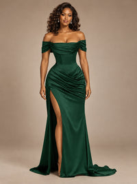 Burgundy Off-the-Shoulder Satin Corset Prom Dress with Slit