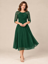 Emerald Green-Lace Applique Pleated Tea Length Mother of The Bride Dresses