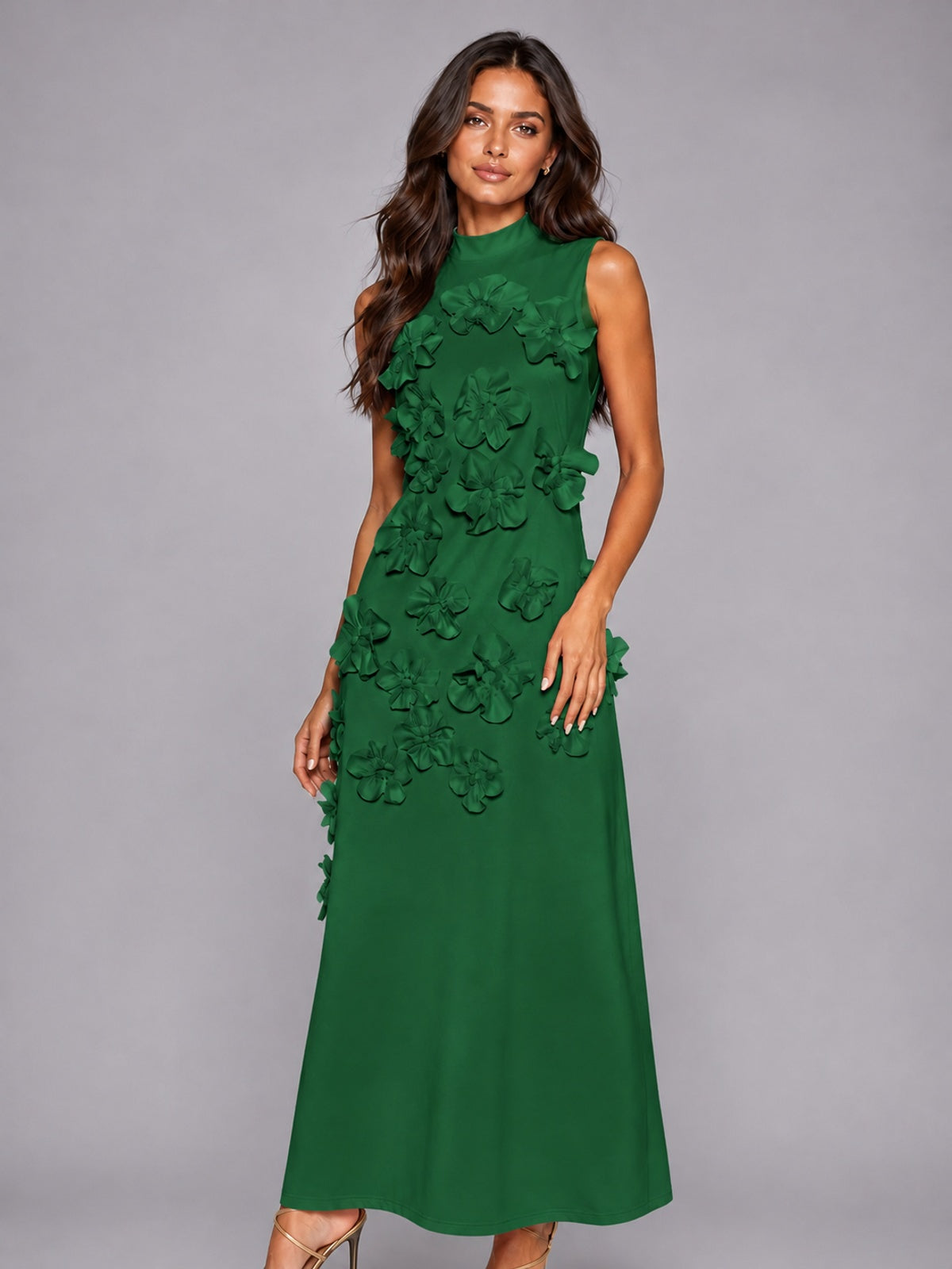 3D Floral Applique High Neck Prom Maxi Dress
