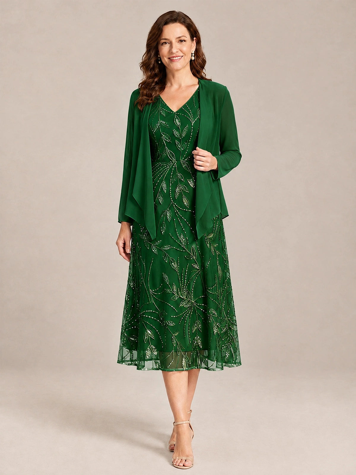 Emerald Green-2 Piece Lace Appliques Chiffon Mother of The Bride Dress with Sequin