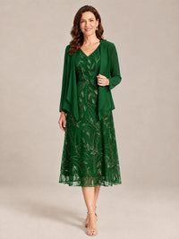 Emerald Green-2 Piece Lace Appliques Chiffon Mother of The Bride Dress with Sequin