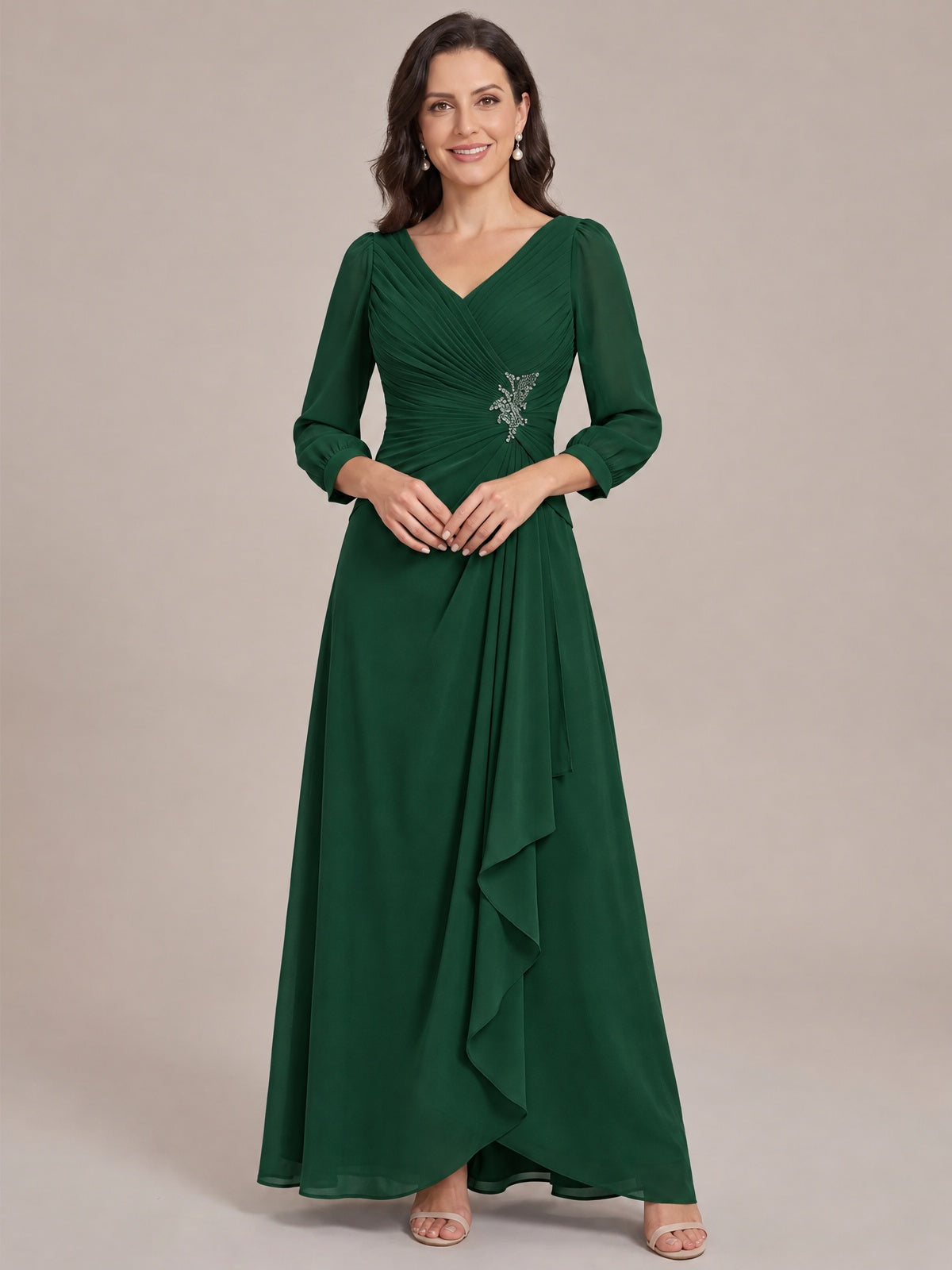Emerald Green-Long Sleeve Chiffon Beaded Mother of The Bride Dresses for Women