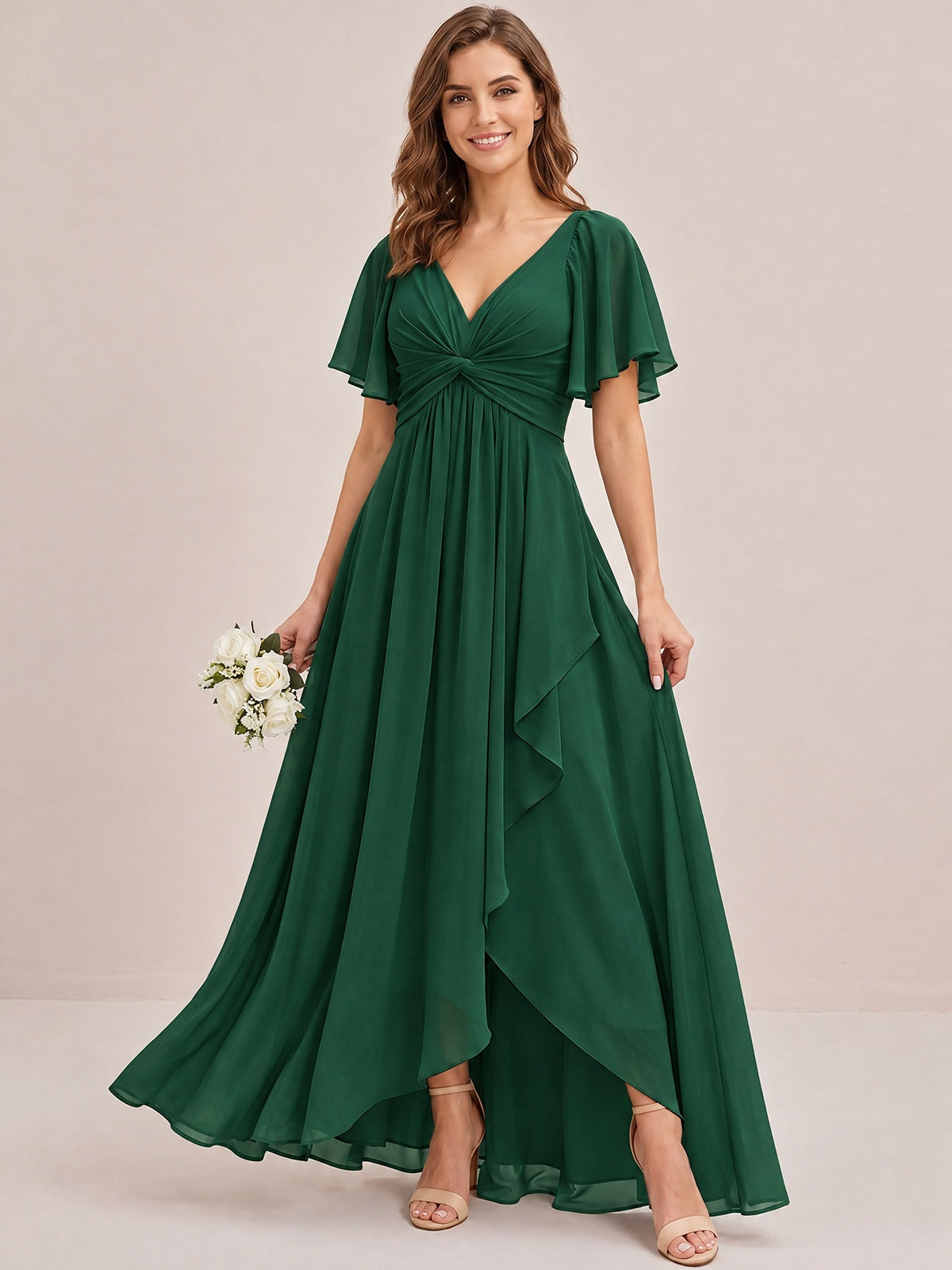 Dusty Blue Chiffon Bridesmaid Dress with Flutter Sleeves & High-Low Hem