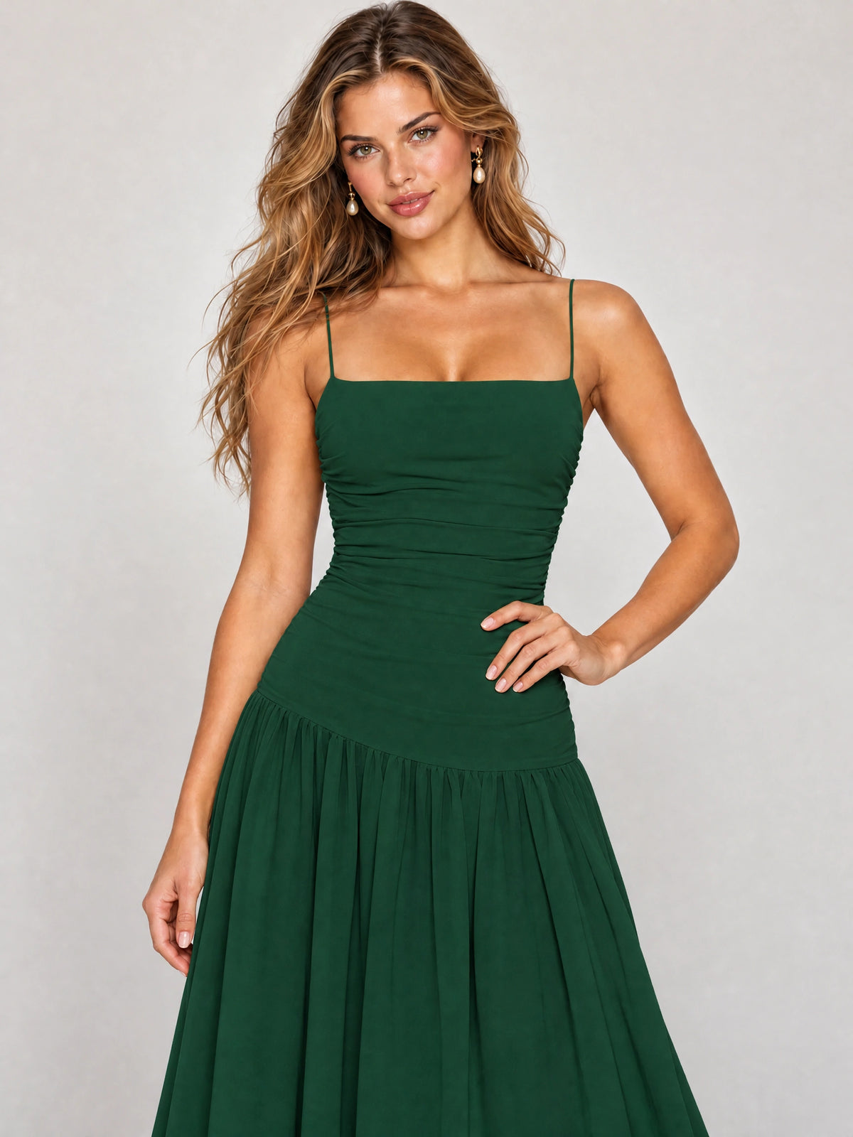 Butter Yellow Ruched Spaghetti Strap Drop-Waist Prom Dress