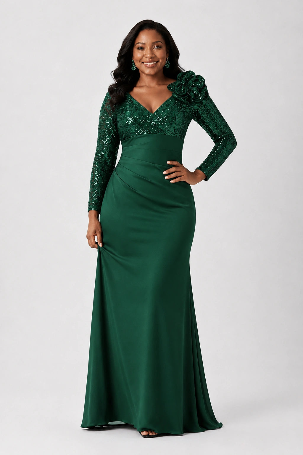 Sequin Mother of the Bride Dress with Long Sleeves 3D Floral V-Neck Gown