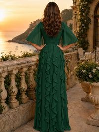 Elegant Chiffon Mother of the Bride Dress with Flutter Sleeves and Ruffle Skirt
