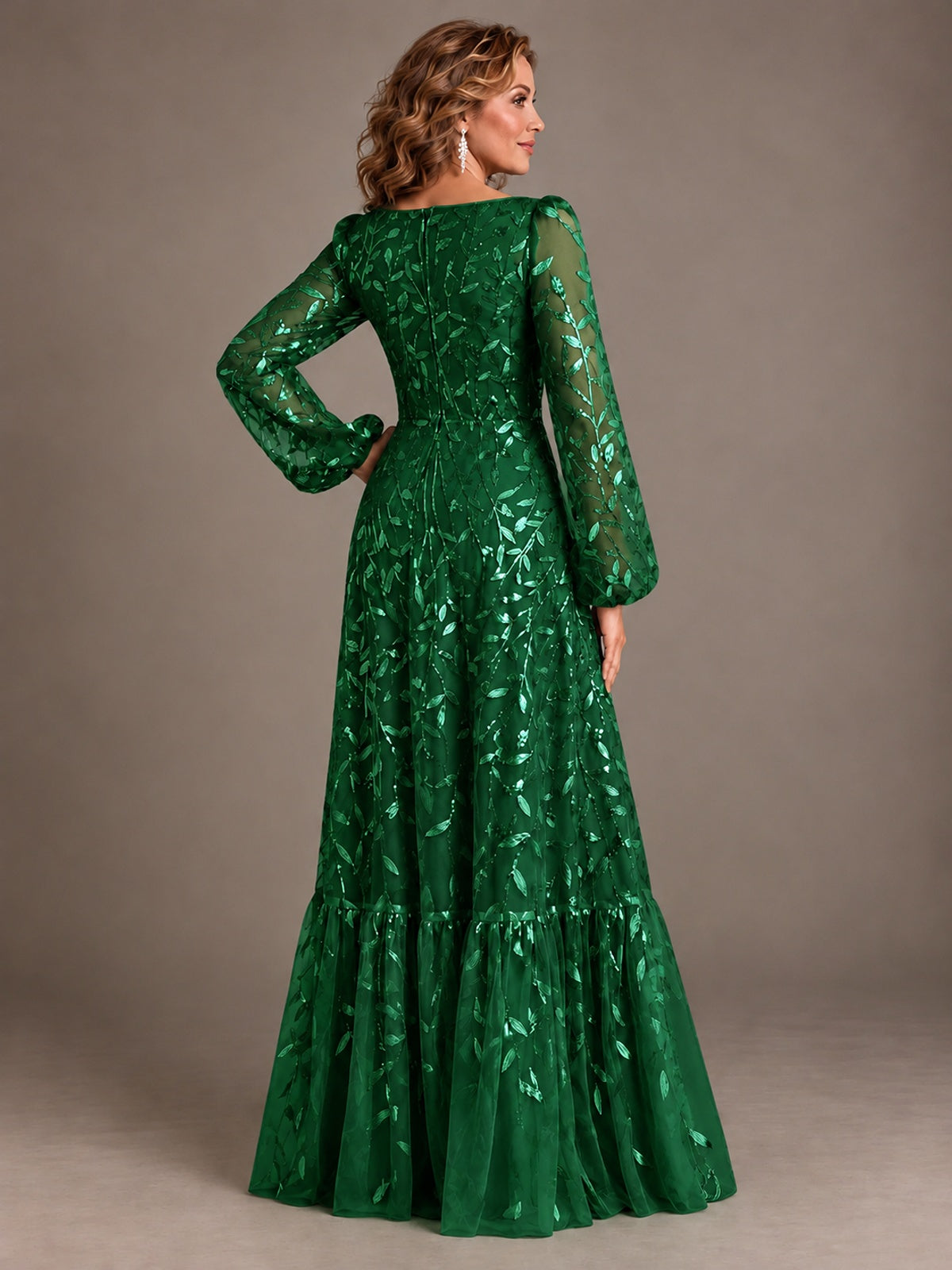Floral Sequin Embroidered A-Line Mother of the Bride Dress with Long Sleeves