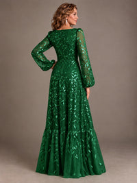Floral Sequin Embroidered A-Line Mother of the Bride Dress with Long Sleeves