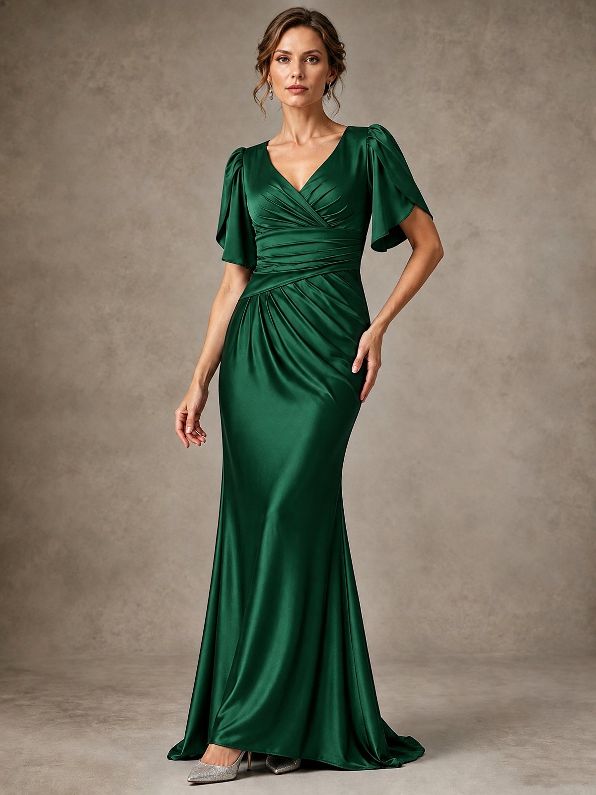 V-Neck Satin Mother of the Bride Dress with Flutter Sleeves