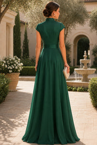 V Neck Cap Sleeve A-Line Floor-Length Satin Bridesmaid Dress