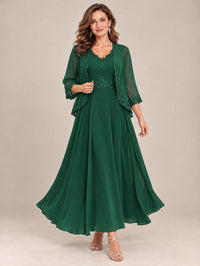 Dusty Blue Floral Lace Chiffon Mother of the Bride Dress with Jacket