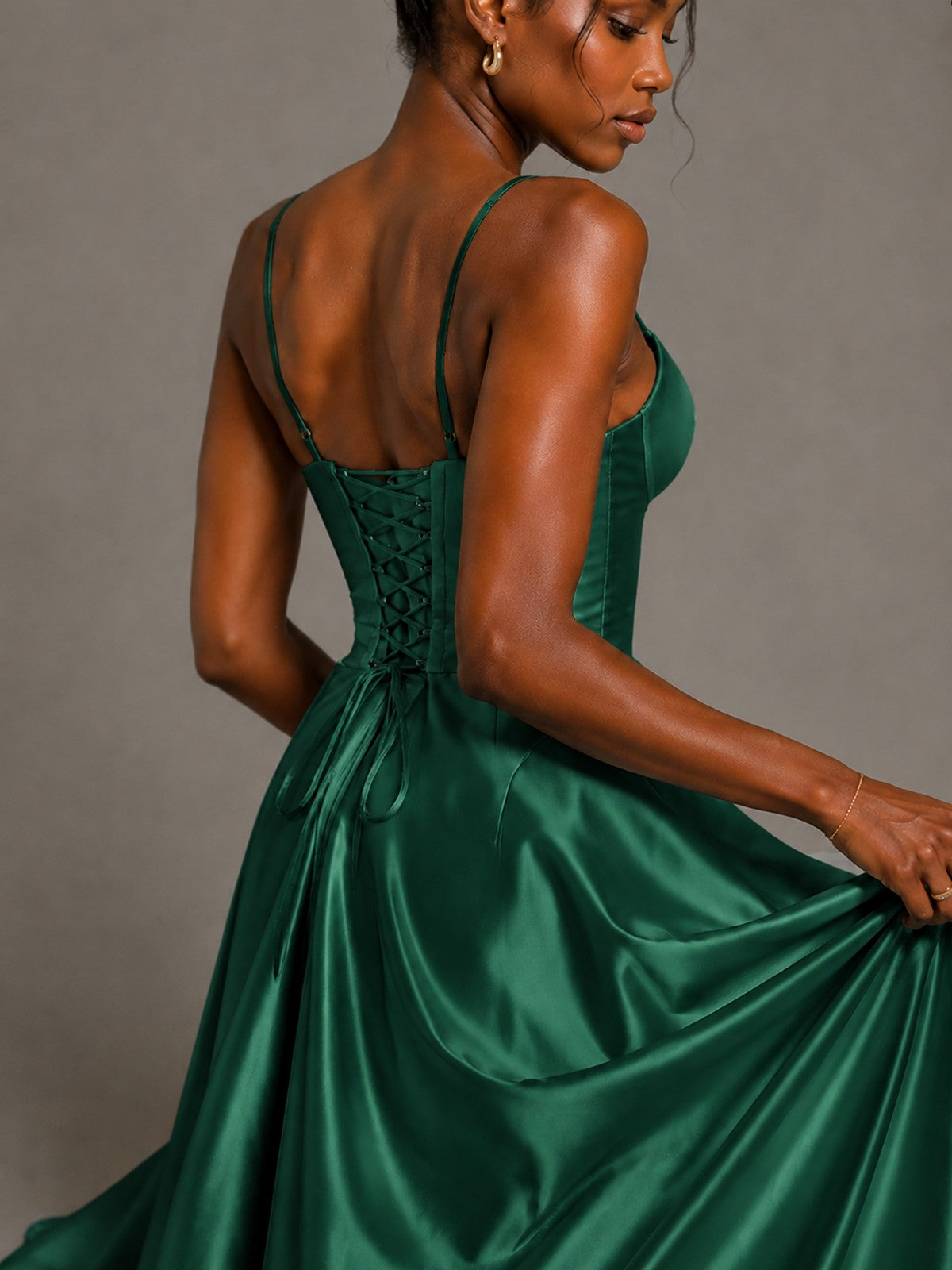 Lavender V Neck Satin Prom Dress with Spaghetti Straps