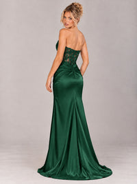 Strapless Satin Prom Dress with Sheer Lace Corset & High Slit