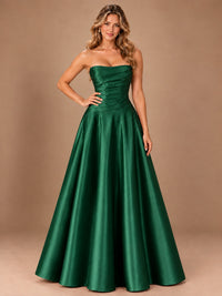 Blush Pink Strapless Satin A-Line Prom Dress with Ruched Bodice