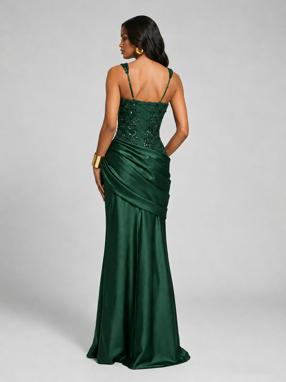 Scoop Neck Sequin Prom Dress with High Slit Satin Formal Gowns