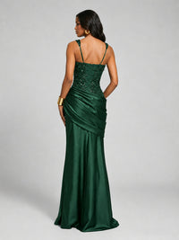 Scoop Neck Sequin Prom Dress with High Slit Satin Formal Gowns