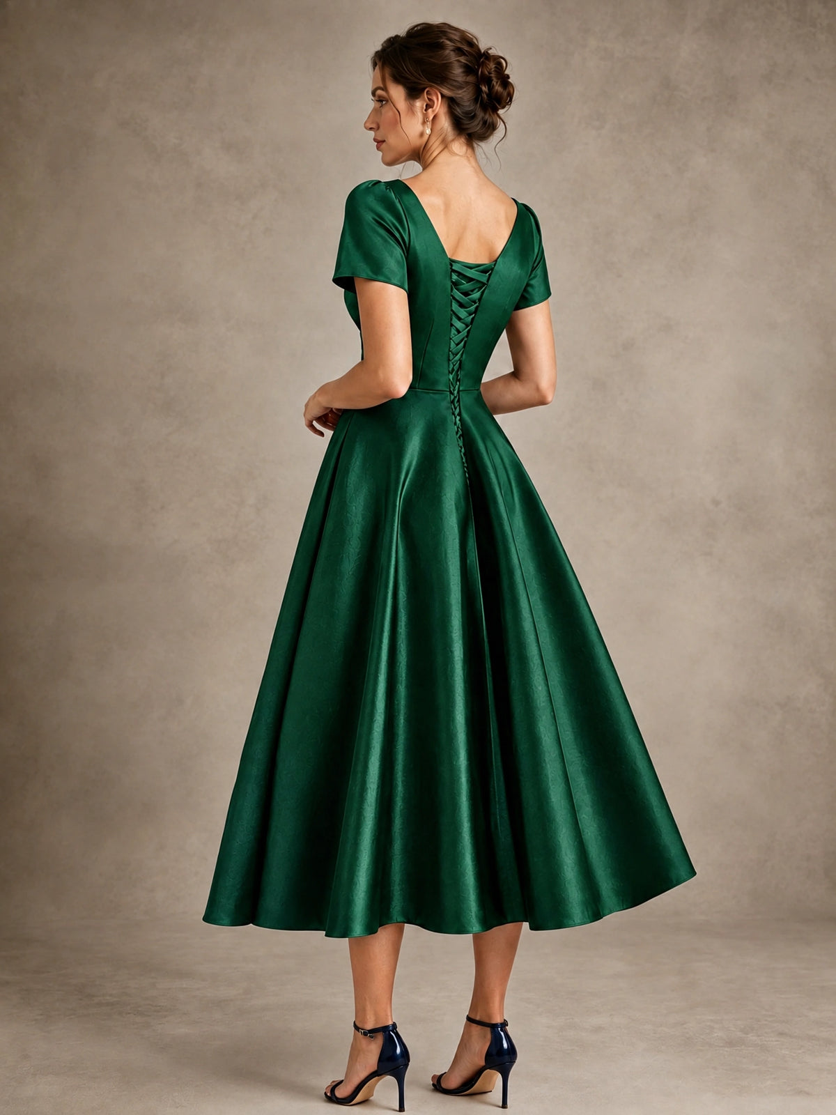 V-Neck Tea-Length Satin Mother of the Bride Dress with Bow