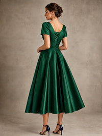 V-Neck Tea-Length Satin Mother of the Bride Dress with Bow