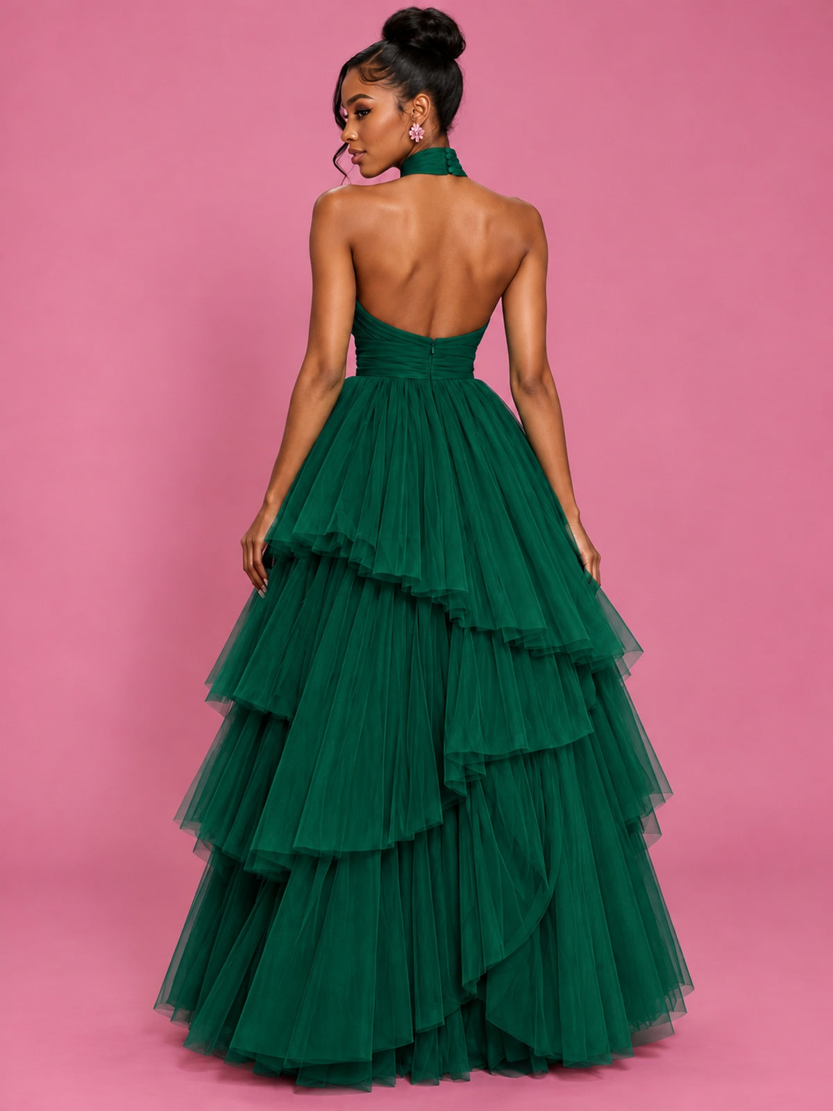 Hot Pink Tulle Halter Neck Tiered Ruffle Maxi Dress