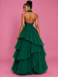Hot Pink Tulle Halter Neck Tiered Ruffle Maxi Dress