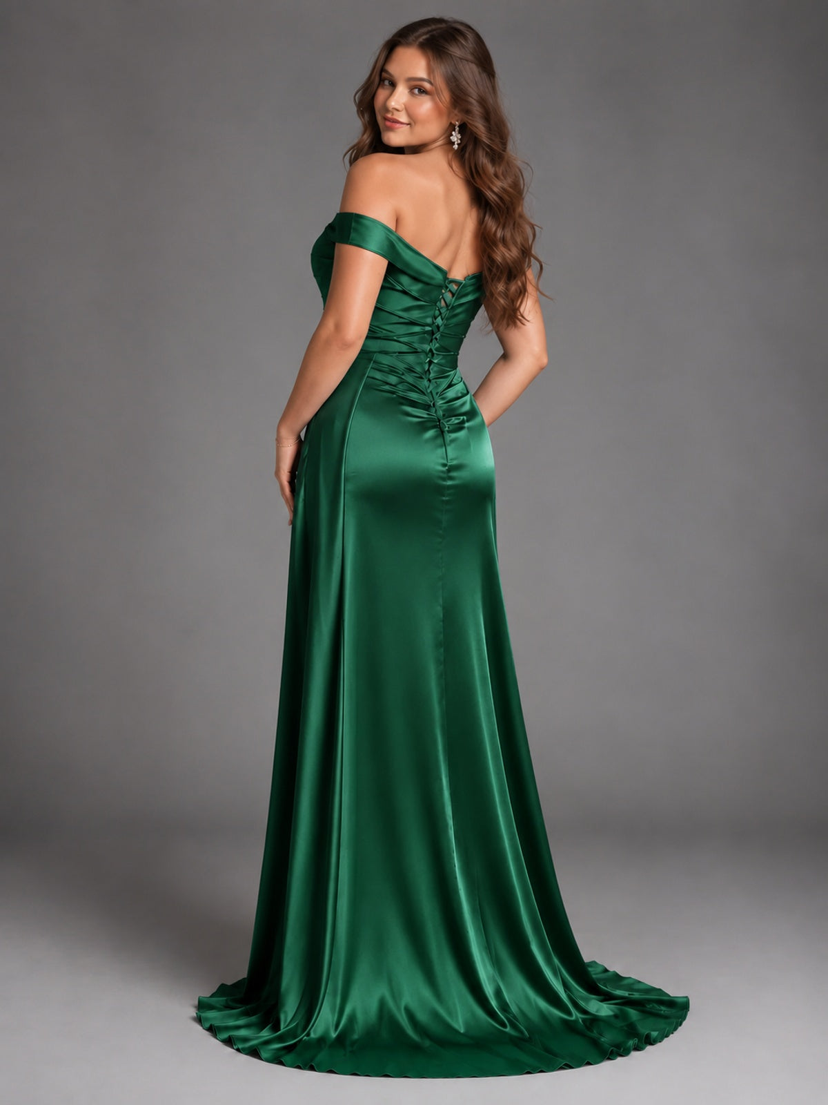 Off Shoulder Satin Maxi Dress with Slit