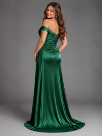 Off Shoulder Satin Maxi Dress with Slit