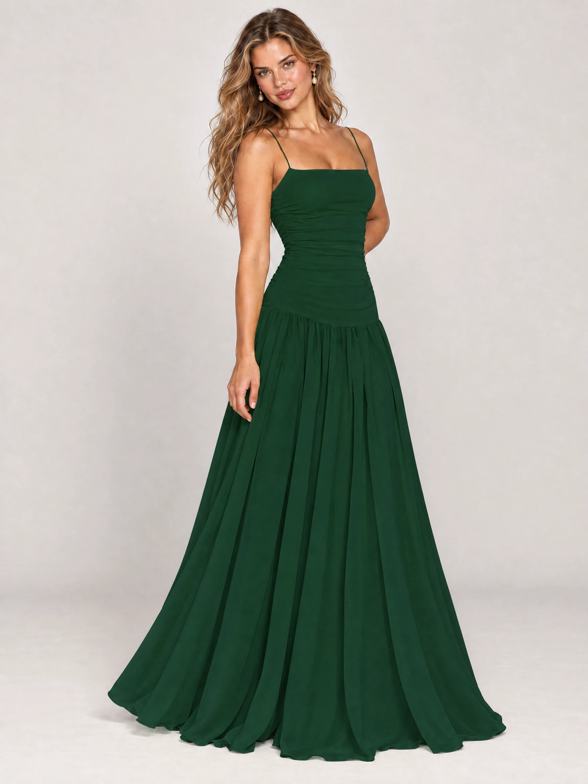 Butter Yellow Ruched Spaghetti Strap Drop-Waist Prom Dress