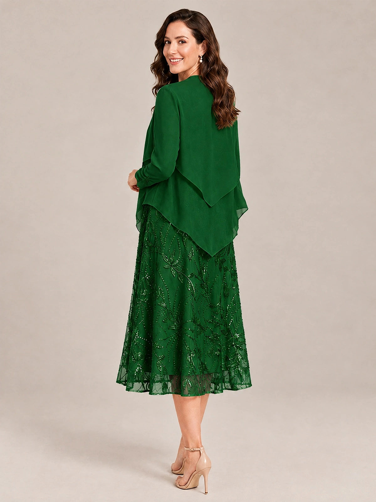 Tea Length Sequin Lace Mother of the Bride Dress with Chiffon Jacket