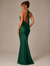 Olive Green Halter Satin Mermaid Maxi Dress