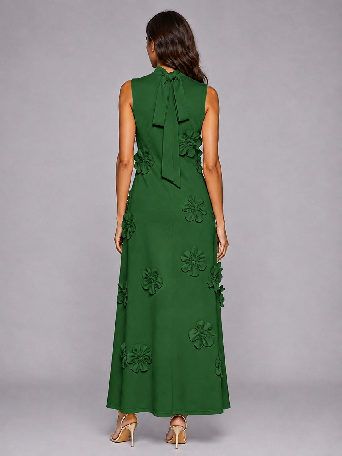 3D Floral Applique High Neck Prom Maxi Dress