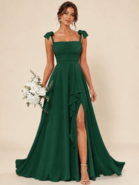 Ruffle Slit Chiffon A Line Scoop Neck Bridesmaid Dresses with Pockets