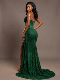 Luxury Strapless Sequin Corset Mermaid Prom Dress with High Slit & Train