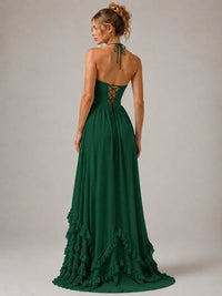 Halter V Neck Chiffon Formal Dress with Lace-Up Back and Ruffle Hem