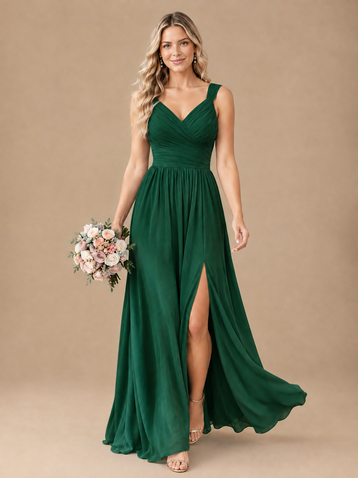 Pleated Chiffon V Neck Wedding Bridesmaid Dresses Floor Length with Slit