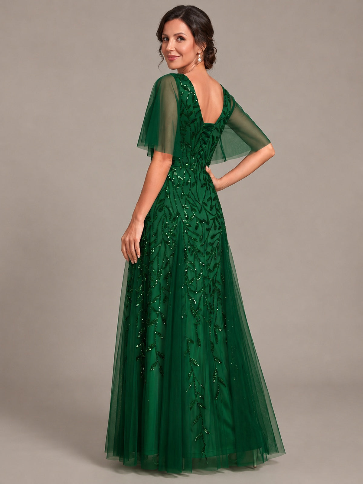 V-Neck Sequin Tulle Mother of the Bride Dress with Flutter Sleeve
