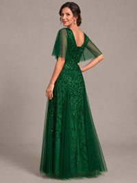 V-Neck Sequin Tulle Mother of the Bride Dress with Flutter Sleeve