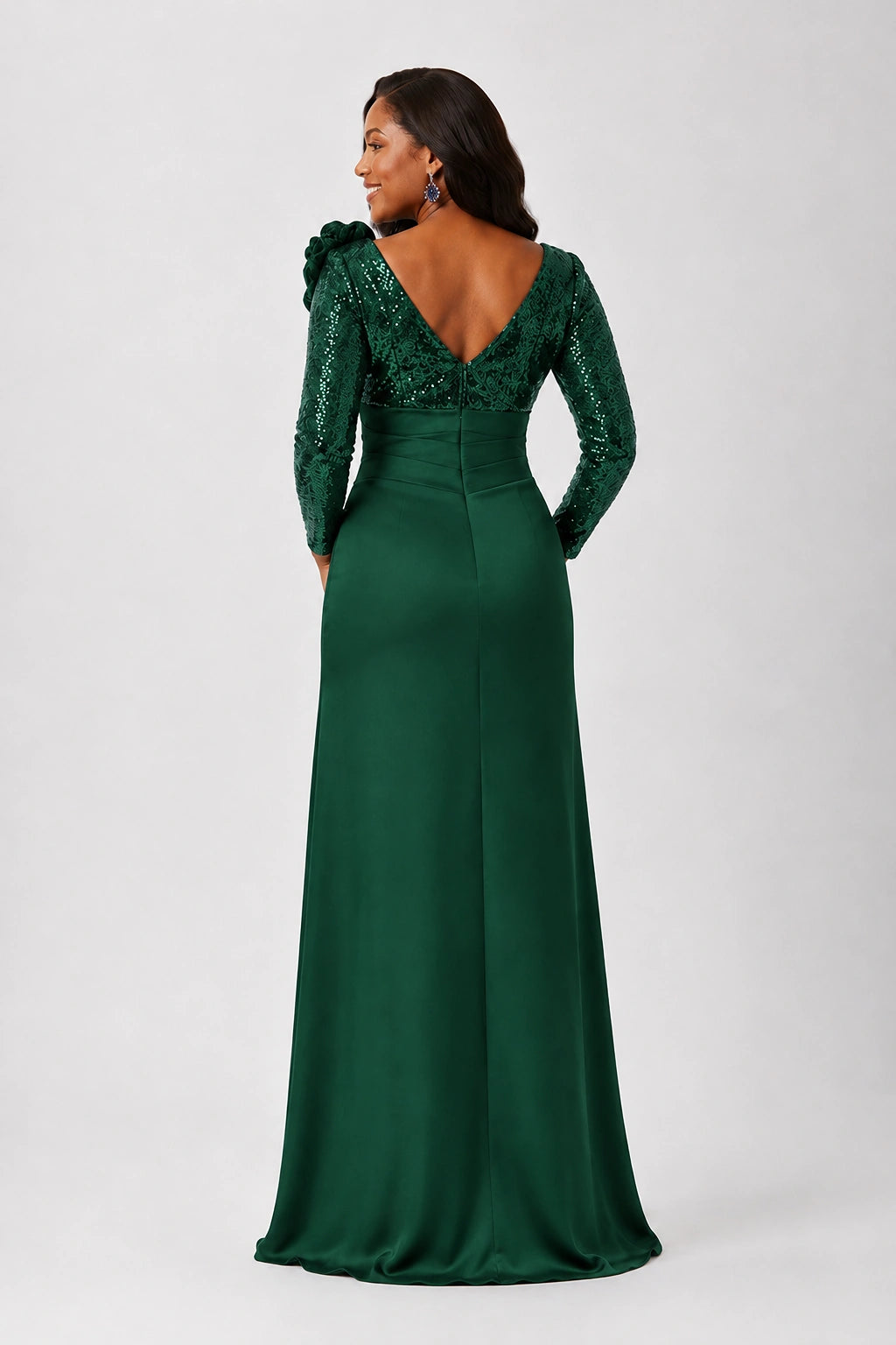 Sequin Mother of the Bride Dress with Long Sleeves 3D Floral V-Neck Gown