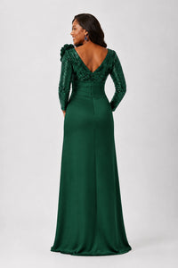 Sequin Mother of the Bride Dress with Long Sleeves 3D Floral V-Neck Gown