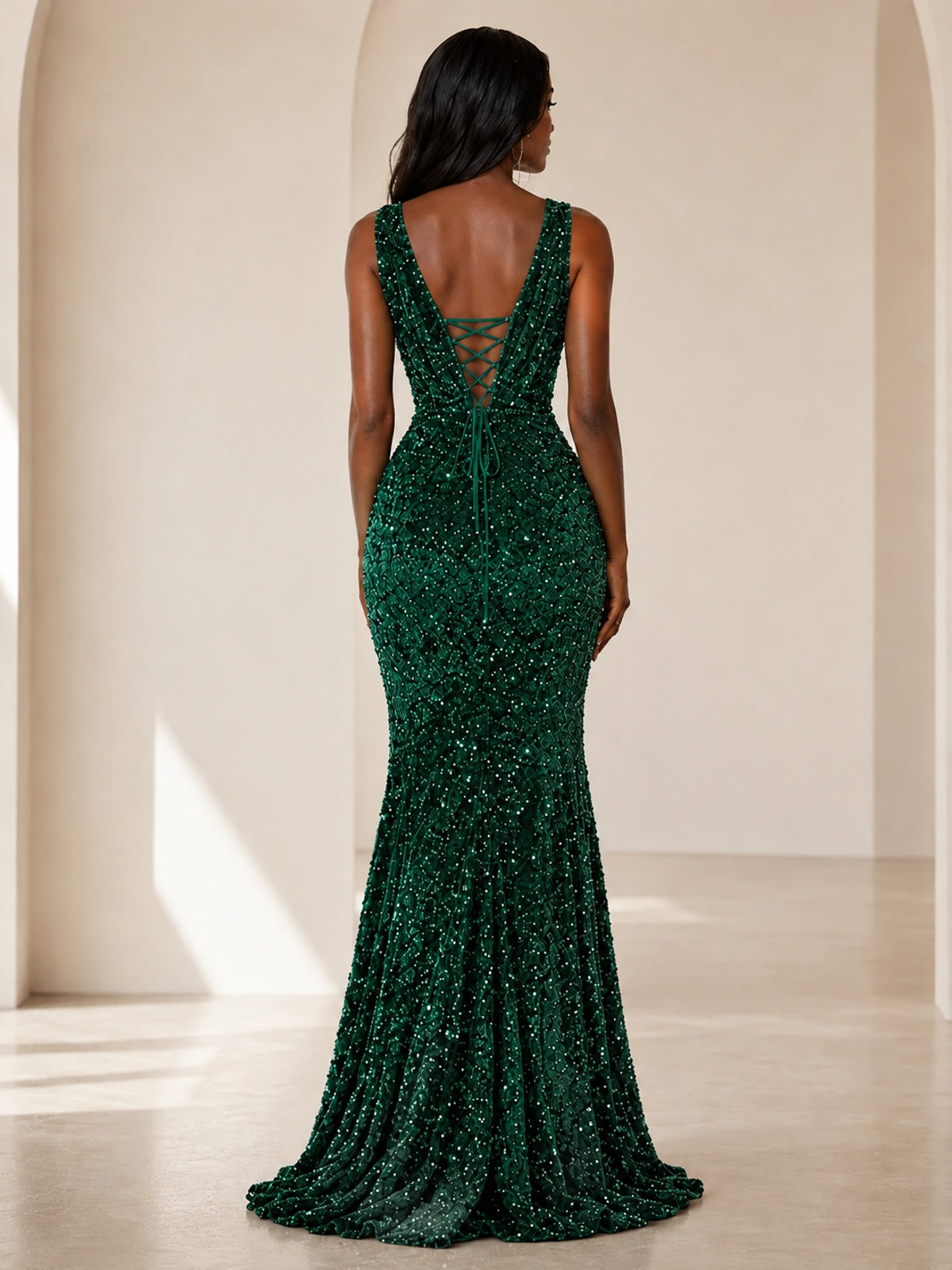 Sequin Mermaid Prom Dress with V-Neck and Ruched Waist