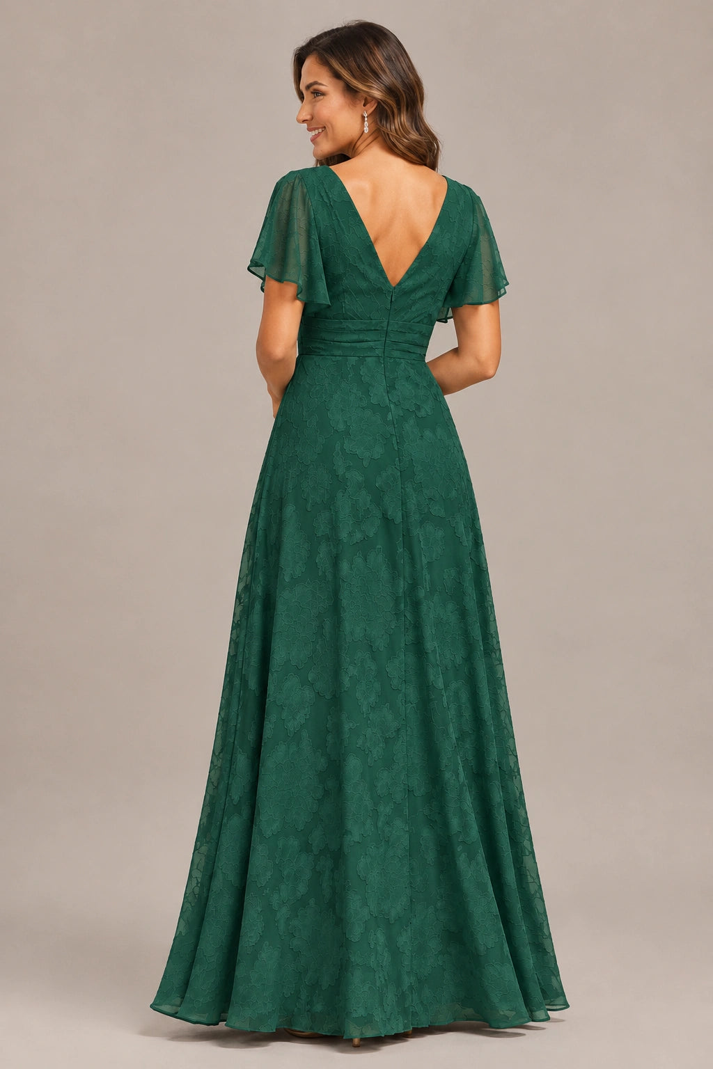 Jovellee Floral Chiffon A-Line Mother of the Bride Dress with Flutter Sleeves