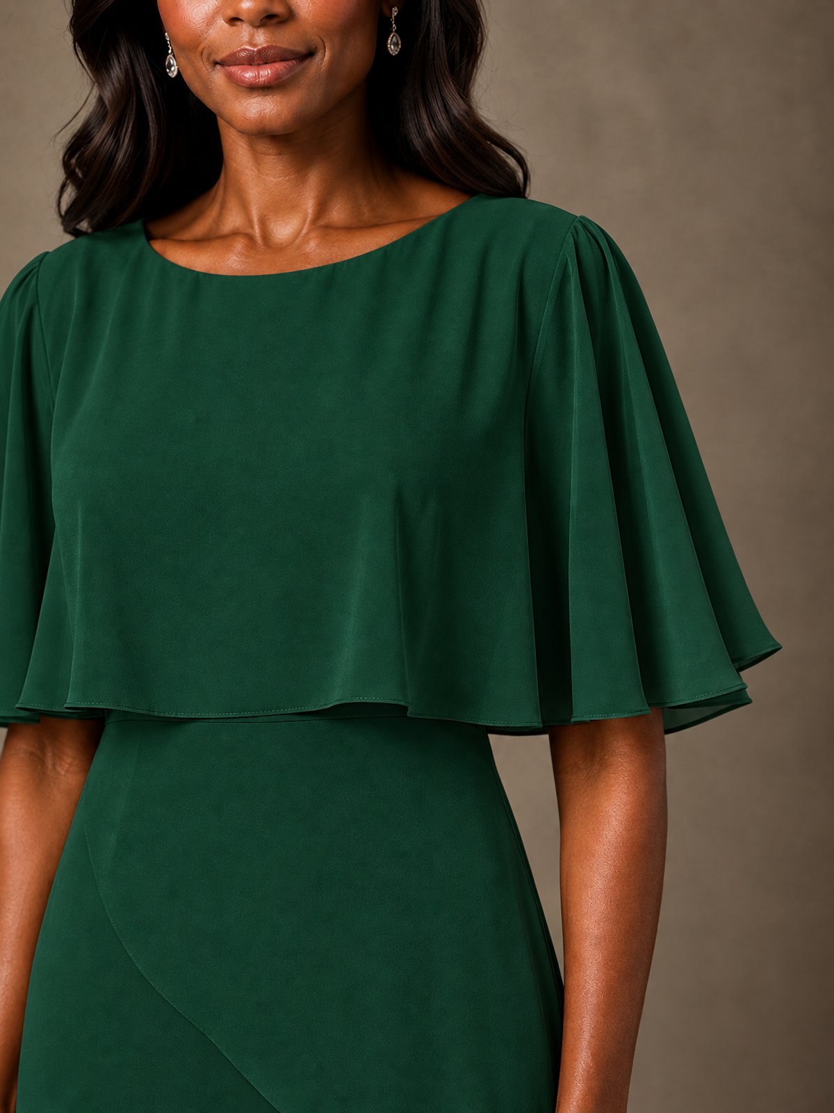 Taupe Chiffon A-Line Mother of the Bride Dress with Cape Sleeves