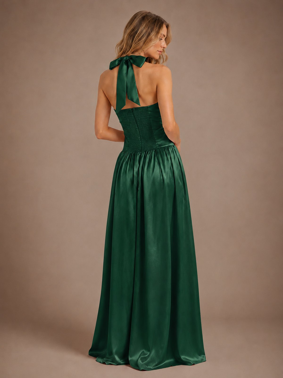 Pink V Neck Halter Satin Maxi Dress