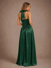 Pink V Neck Halter Satin Maxi Dress