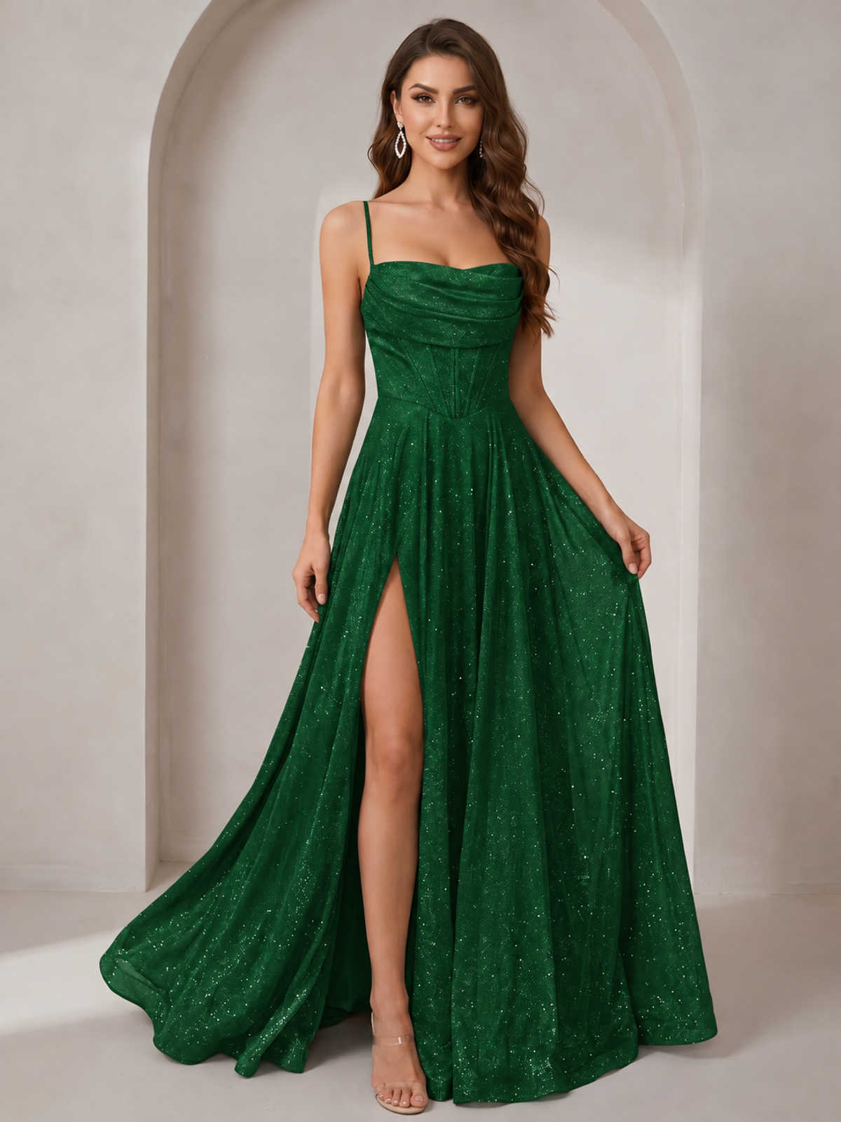 Sparkly Cowl Neck Corset Long Prom Dress with Slit A-line Tulle Ball Gown