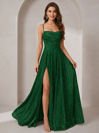 Sparkly Cowl Neck Corset Long Prom Dress with Slit A-line Tulle Ball Gown