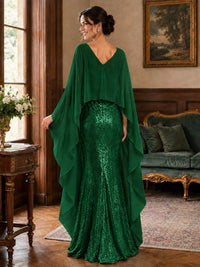 Sequin 2 Pieces Mother of the Bride Dress with Cap Sleeves Chiffon Formal Gowns